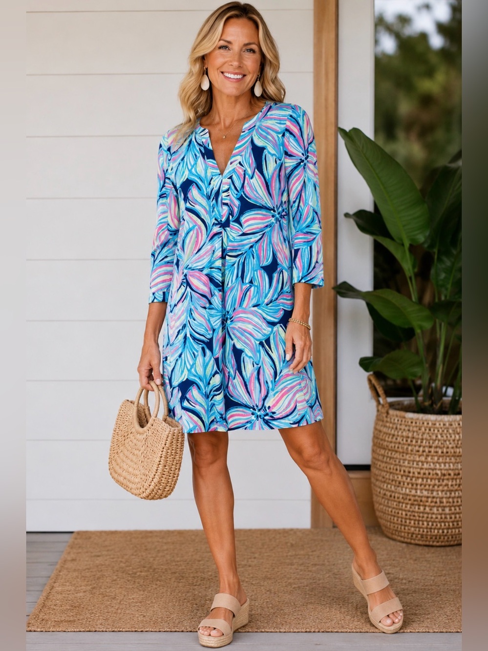 LILLY PULITZER AMINA DRESS V NECK 3/4 SLEEVE COTTON DRESS RESORT WEAR TROPICAL